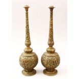 A PAIR OF INDIAN / ISLAMIC GILT BRONZE ROSE WATER SPRINKLERS, both vessels carved with floral