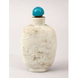 A GOOD 19TH CENTURY CHINESE MONOCHROME PORCELAIN CARVED SNUFF BOTTLE, decorated with scenes of