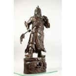 A GOOD 19TH CENTURY CHINESE BRONZE FIGURE OF A WARRIOR, the warrior stood upon a stylized foliage