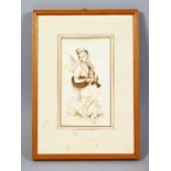 A GOOD 19TH CENTURY INDIAN PAINTED IVORY PICTURE, depicting a seated man playing a musical