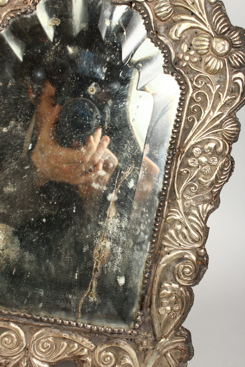 A GOOD 18TH CENTURY OTTOMAN SILVER BEVELLED GLASS MIRROR, the frame with embossed scrolling foliage, - Image 7 of 10