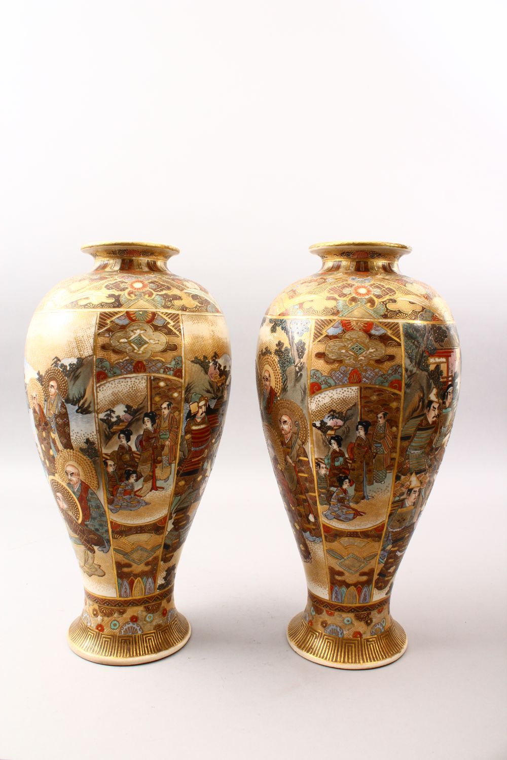 A GOOD PAIR OF JAPANESE MEIJI PERIOD SATSUMA VASES, the ovoid body decorated with scenes of warriors - Image 4 of 10