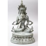 A 20TH CENTURY CHINESE BRONZE FIGURE OF BUDDHA / DEITY, in a seated meditating position, holding a