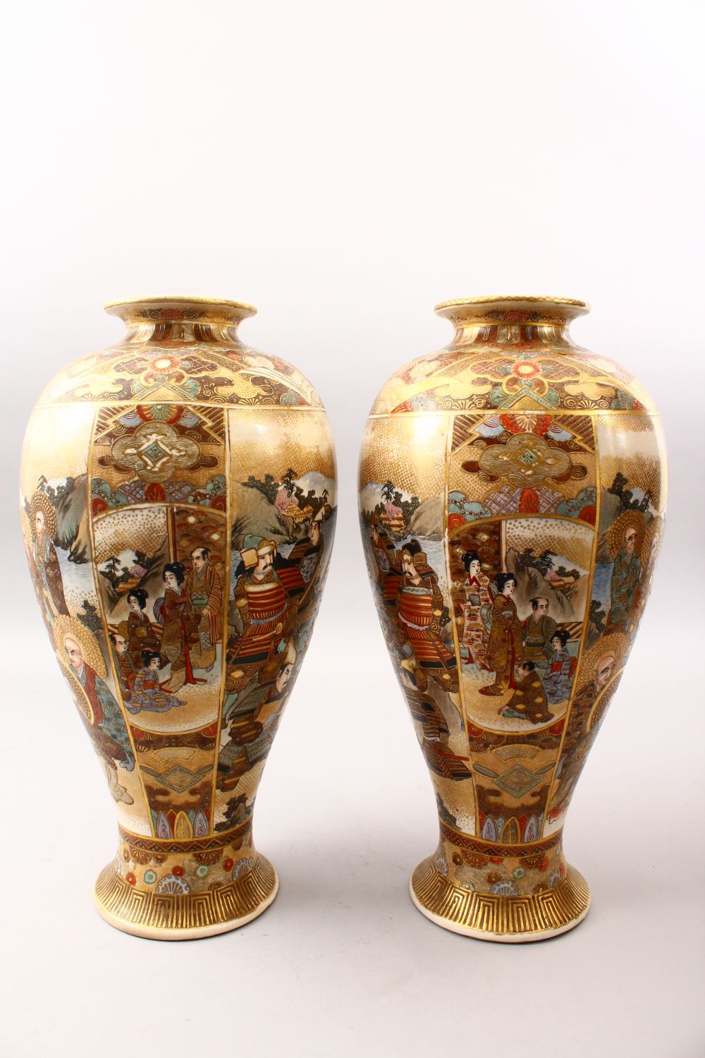 A GOOD PAIR OF JAPANESE MEIJI PERIOD SATSUMA VASES, the ovoid body decorated with scenes of warriors - Image 8 of 10