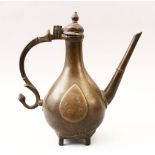 A GOOD 19TH CENTURY ISLAMIC BRONZE LIDDED EWER, with a droplet floral carved cartouche each side