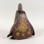 A 19TH CENTURY TURKISH OTTOMAN LEATHER HAND PAINTED POWDER FLASK, decorated with native floral