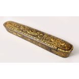 A VERY FINE QUALITY 16TH / 17TH CENTURY SAFAVID CALLIGRAPHIC IRON & GILT DECORATED PIN / PEN BOX,