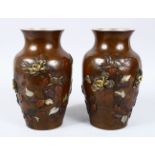 A FINE PAIR OF JAPANESE MEIJI PERIOD ONLAID BRONZE & MIXED METAL VASES, each vase finely onlaid with
