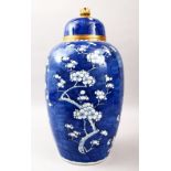 A 19TH CENTURY CHINESE BLUE & WHITE ORMOLU MOUNTED PRUNUS JAR & COVER, the vase with a drilled