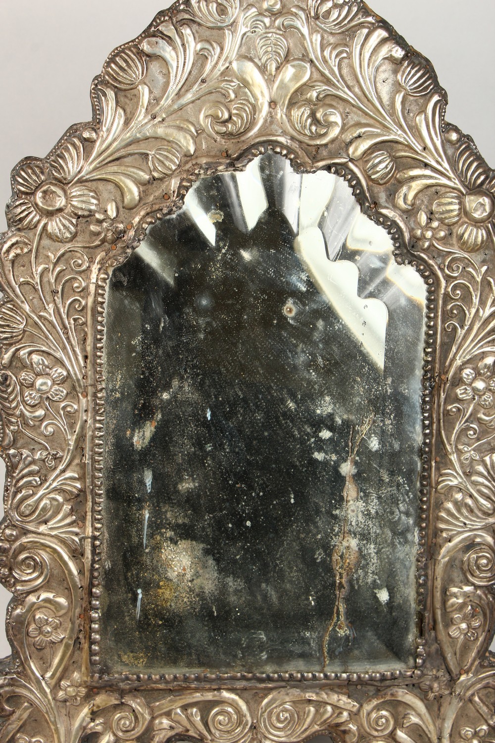 A GOOD 18TH CENTURY OTTOMAN SILVER BEVELLED GLASS MIRROR, the frame with embossed scrolling foliage, - Image 3 of 10