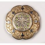 A FINE 19TH CENTURY CAUCASIAN ENAMELLED SILVER GILT BELT MOUNT, with floral chased decoration, 7cm.