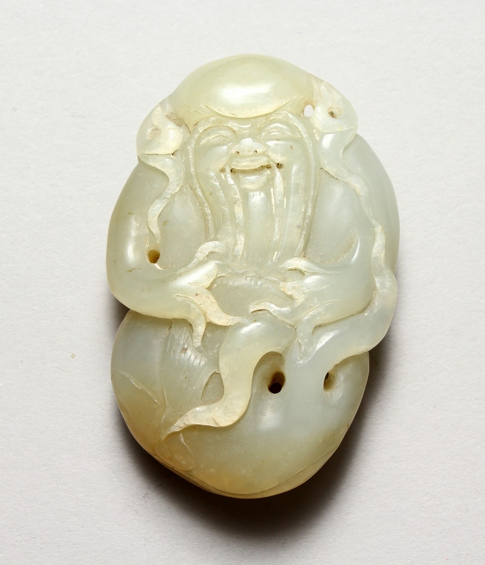 A GOOD CHINESE CARVED JADE PEBBLE OF SHOU LAO, the carving depicting shou lao god of longevity, 7.