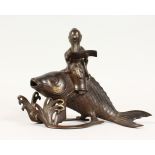 A GOOD JAPANESE MEIJI PERIOD BRONZE KORO OF EBISU - LUCKY GOD & FISH, the censer formed from the