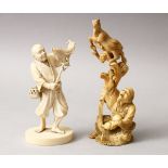 TWO JAPANESE MEIJI PERIOD CARVED IVORY OKIMONOS, one of a fisherman holding his catch aloft,