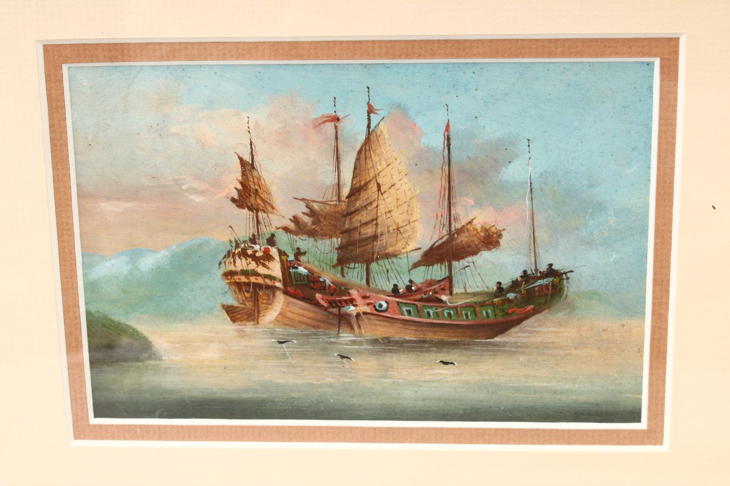 THREE 19TH CENTURY CHINESE WATERCOLOUR ON GOUACHE OF JUNKS, framed measuring 30.5cm x 26cm.(3) - Image 2 of 4