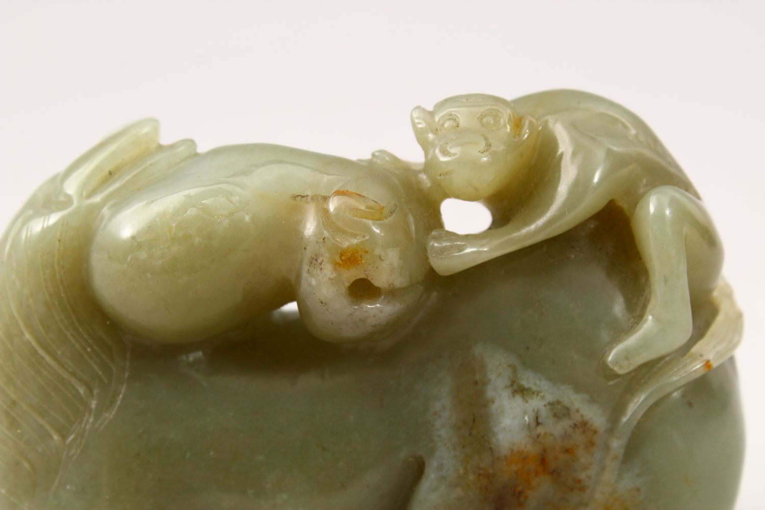 A GOOD 19TH CENTURY CHINESE CARVED JADE FIGURE OF A SEATED HORSE, the horse with a monkey climing - Image 5 of 6