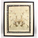 A GOOD 19TH CENTURY CHINESE FRAMED EMBROIDERED SILK, depicting scenes of birds, butterflies and