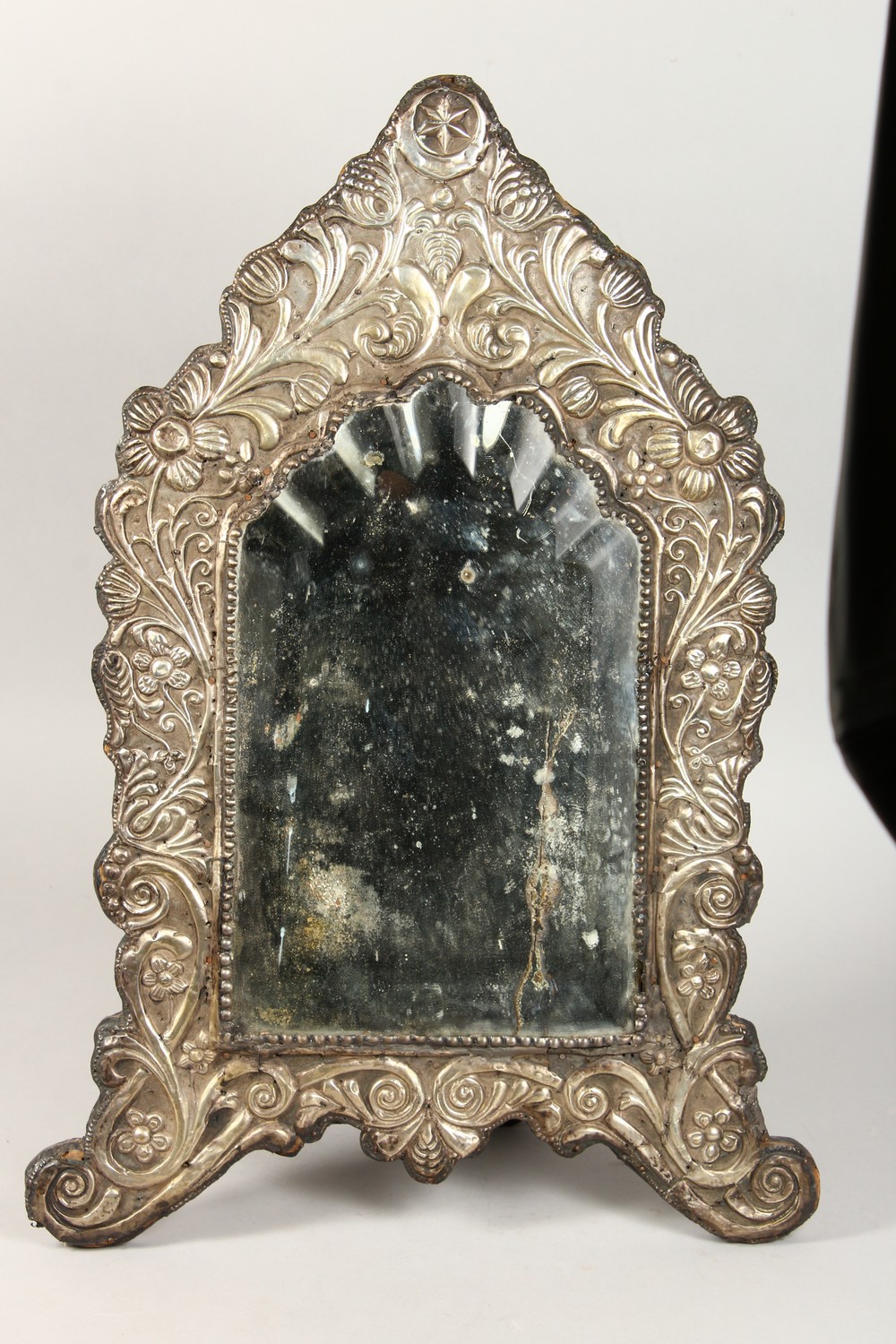 A GOOD 18TH CENTURY OTTOMAN SILVER BEVELLED GLASS MIRROR, the frame with embossed scrolling foliage, - Image 2 of 10