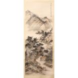 A GOOD CHINESE HANGING SCROLL PICTURE OF A LANDSCAPE, the scroll picture depicting a native