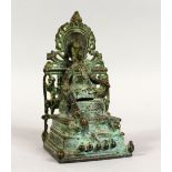 A GOOD 19TH CENTURY OR EARLIER INDAIN BRONZE FIGURE OF DEITY, seated at a throne, 15.5cm high x
