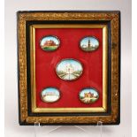 A FRAMED SET OF FIVE SILVER FRAMED LANDSCAPE MINIATURES ON IVORY, the frame housing five silver