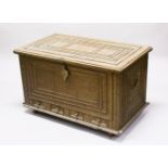 A SUPERB 19TH CENTURY OR EARLIER BRASS OVERLAID CAMPHOR WOOD CEREMONIAL TRUNK