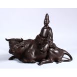 A GOOD JAPANESE MEIJI PERIOD BRONZE OKIMONO - OXEN & ATTENDANT, the bronze okimono in a recumbent