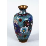 A SMALL JAPANESE MEIJI PERIOD CLOISONNE VASE, the vase with a turquoise ground with decoration