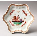 A GOOD 18TH CENTURY CHINESE FAMILLE ROSE PORCELAIN MOULDED DISH, the dish decorated with scenes of a