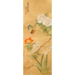 A GOOD 20TH CENTURY CHINESE PAINTED HANGING SCROLL OF BIRDS AND FLORA, the scroll painted upon