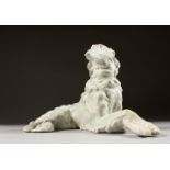 A VIENNA WHITE PORCELAIN MODEL OF A RECLINING BORZOI. 12ins long.