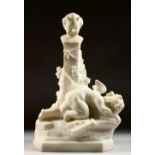 A GOOD ITALIAN CARVED WHITE MARBLE GROUP of a frightened Cupid at the foot of a column with satyr