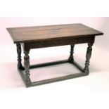 A 17TH CENTURY OAK PLANK TOP REFECTORY TABLE, with carved frieze on turned legs, with plain