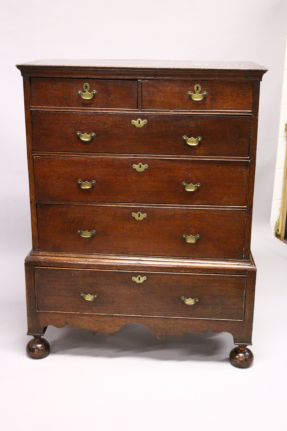 A GOOD 18TH CENTURY OAK CHEST ON STAND, the top with two short and three long graduated drawers with - Image 3 of 8