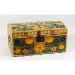 A 19TH CENTURY DOME TOP PINE TRUNK/MARRIAGE CHEST, painted with birds and flowers. 21.75ins wide.