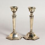 A PAIR OF SILVER CANDLESTICKS, on hexagonal bases. 6ins high. Birmingham.