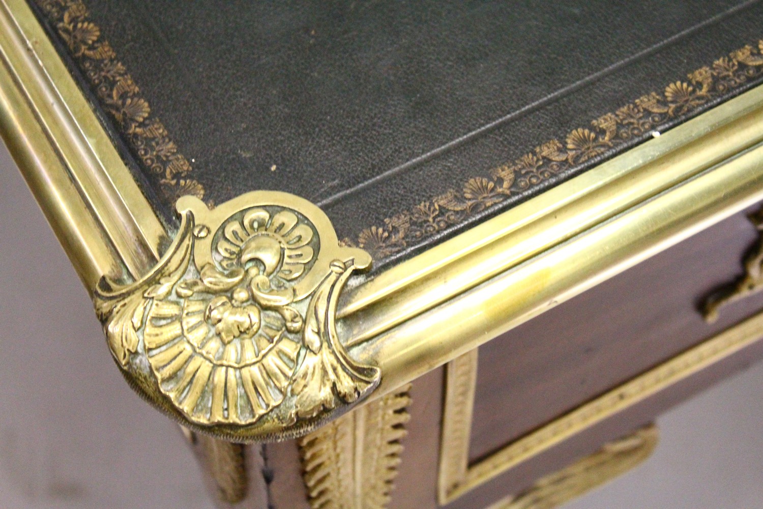 A FRENCH EMPIRE REVIVAL MAHOGANY AND ORMOLU BUREAU PLAT, the leather inset writing surface above a - Image 5 of 6