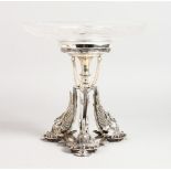 A GOOD SILVER PLATE CENTREPIECE, with cut glass circular bowl, on a stand with three swan