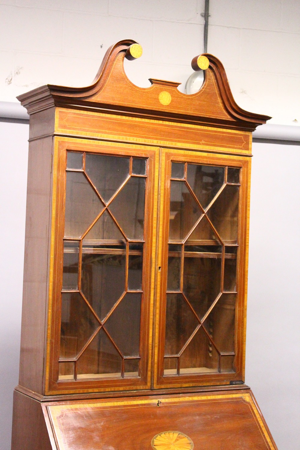 AN EDWARDIAN MAHOGANY AND SATINWOOD INLAID BUREAU BOOKCASE, with swan neck pediment, pair of - Image 3 of 6