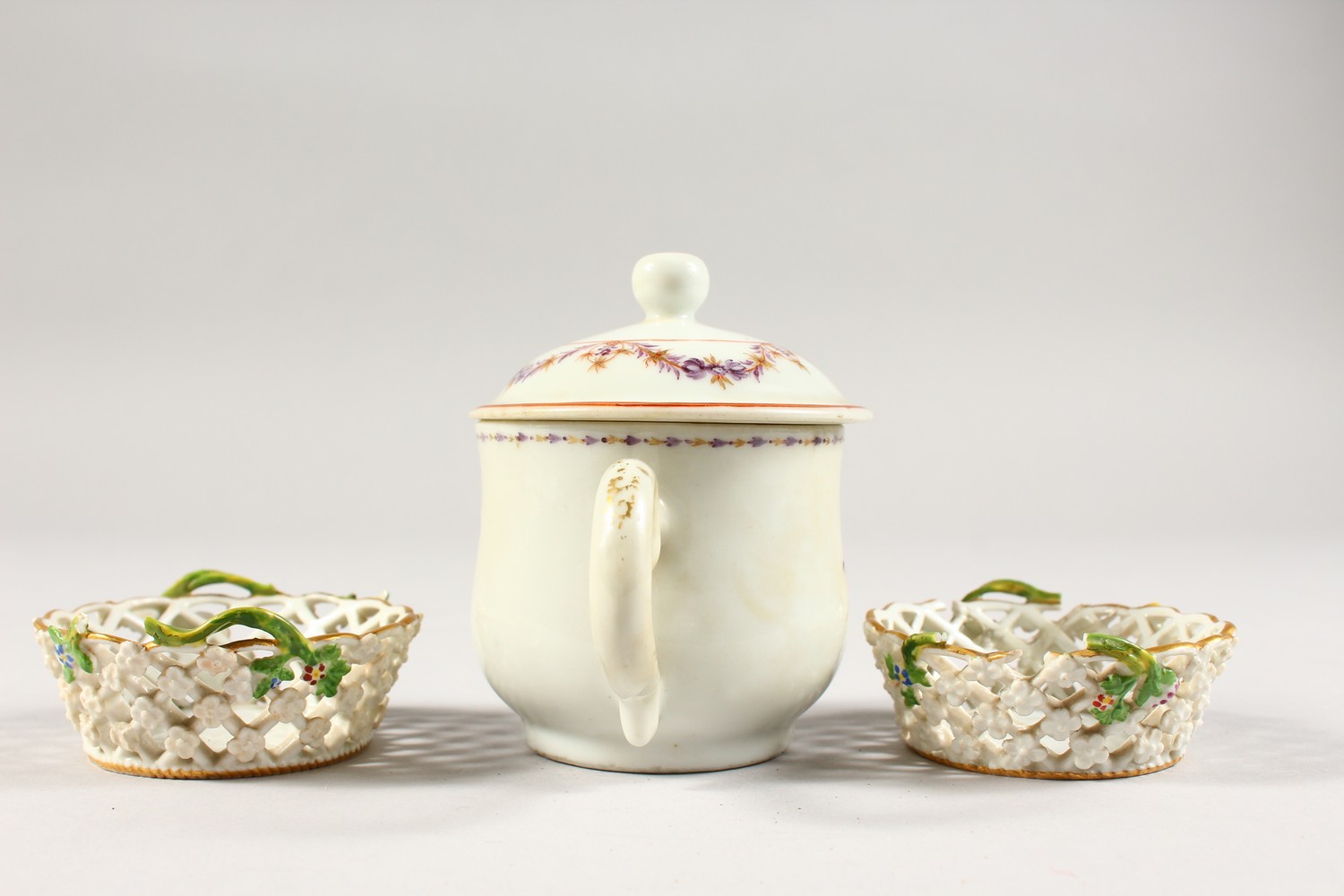 A CUP AND COVER, wit pink decoration and A TINY PAIR OF MEISSEN LATTICE BASKETS, 2.5ins. - Image 3 of 11