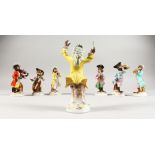 A DRESDEN SEVEN PIECE PORCELAIN MONKEY BAND, comprising conductor, French horn, violin, bagpipes,