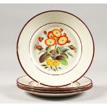 A SET OF FOUR CREAMWARE BOTANICAL CIRCULAR PLATES. 8ins diameter.