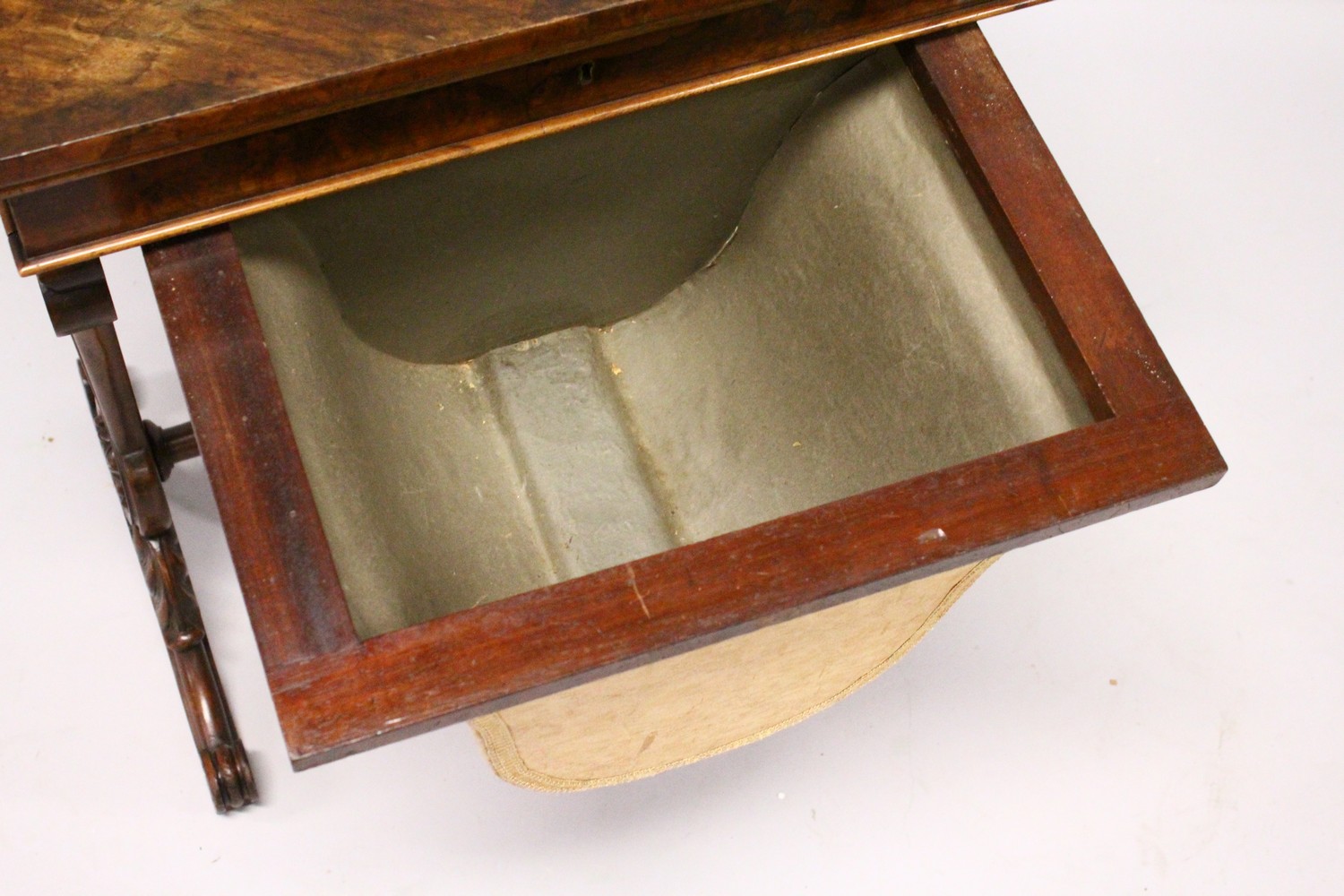 A VICTORIAN WALNUT WORK TABLE, with galleried top over a single drawer and work bag, on curving - Image 2 of 3