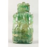 A CHINESE CARVED GREEN QUARTZ VASE AND COVER. 8ins high.