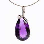 A SUPERB 14CT WHITE GOLD AND TEARDROP AMETHYST AND DIAMOND PENDANT.
