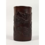 A CARVED CHINESE BAMBOO BRUSH POT. 6ins high.
