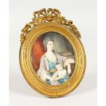 A GOOD 19TH CENTURY OVAL PORTRAIT MINIATURE, of a lady and young child by her side, in an ornate