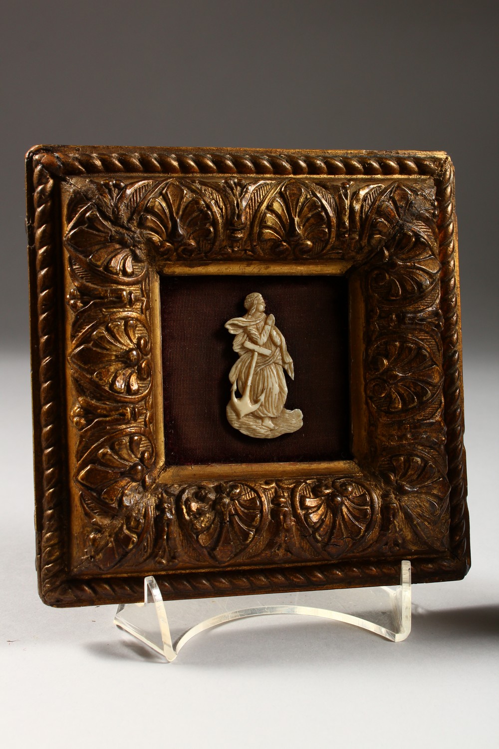 A 19TH CENTURY IVORY FIGURE ON STAND, possibly St Anne; together with a small ivory in a gilt frame. - Image 2 of 7