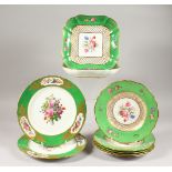 A COPELAND SPODE APPLE GREEN PART DESSERT SERVICE, painted with flowers, two large plates, five