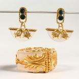 A LARGE CRYSTAL AND SILVER GILT BANGLE and PAIR OF EARRINGS.